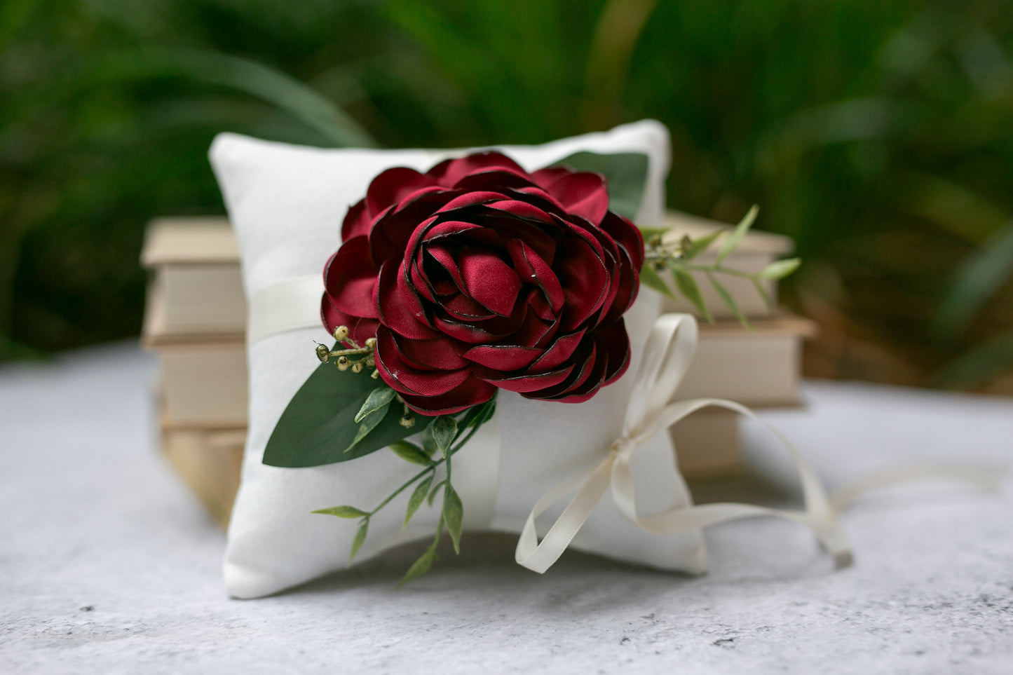 Belle Handmade Ivory Ring Bearer Pillow: Crimson Rose, Linen-Look