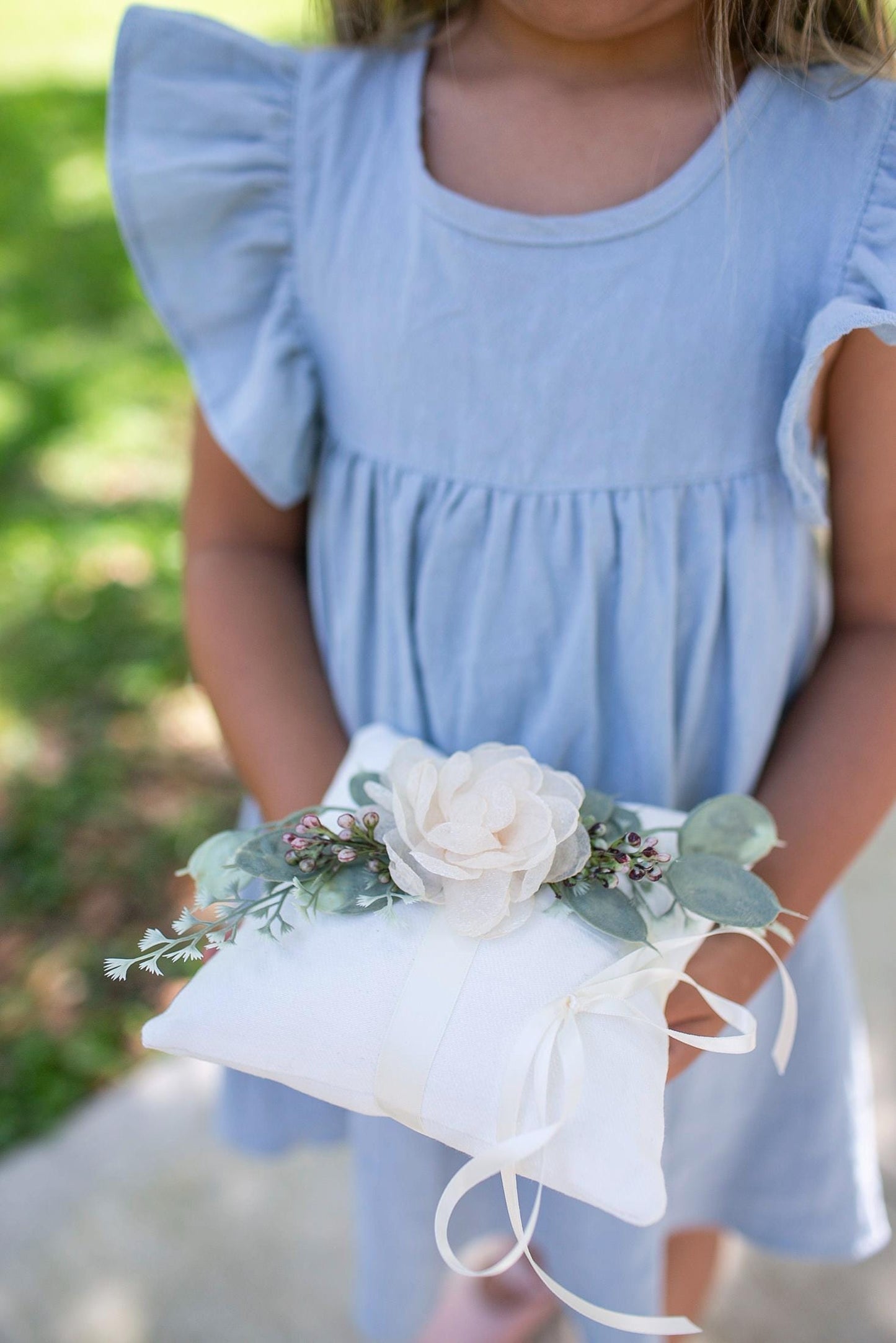 Delta Handmade Ivory Ring Bearer Pillow: Eucalyptus & Floral Accent