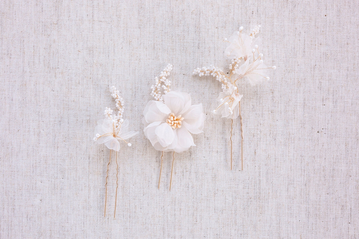 Seed Pearl Floral Hair Pins: Blush Organza Flower, Bridal Hair Jewelry