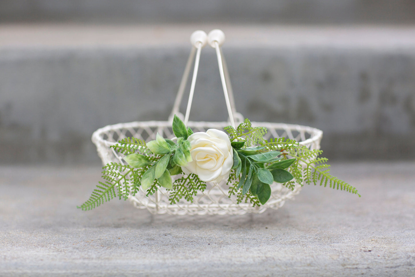 Ivory Flower Girl Basket: Fern & Rose Decorated Wedding Basket
