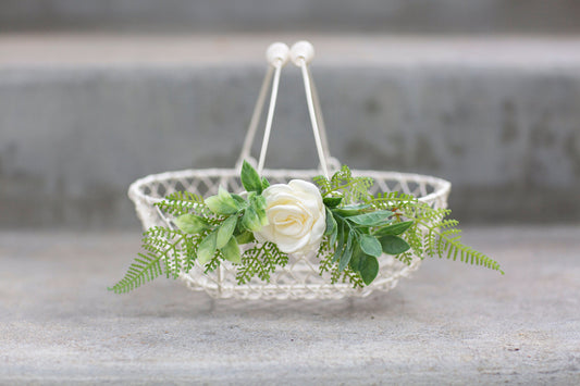Ivory Flower Girl Basket: Fern & Rose Decorated Wedding Basket