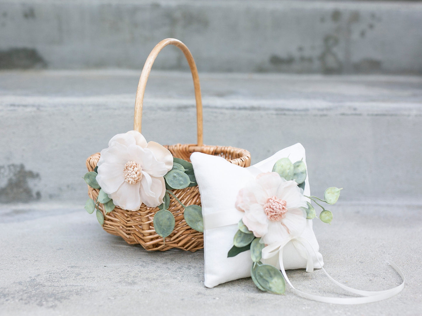 Melissa Rattan Flower Girl Basket | Willow Wedding Basket | Flower Girl Basket | Romantic Wedding Decor | Flower Girl Ring Bearer Set w/ Greenery