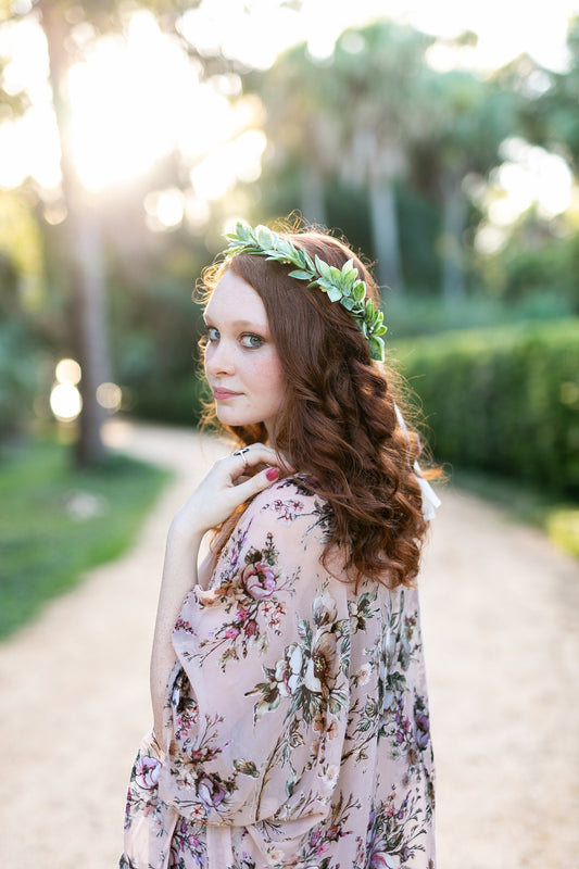 Citron Lemon Leaf Flower Crown: Wedding Greenery Halo with Silk Ribbon