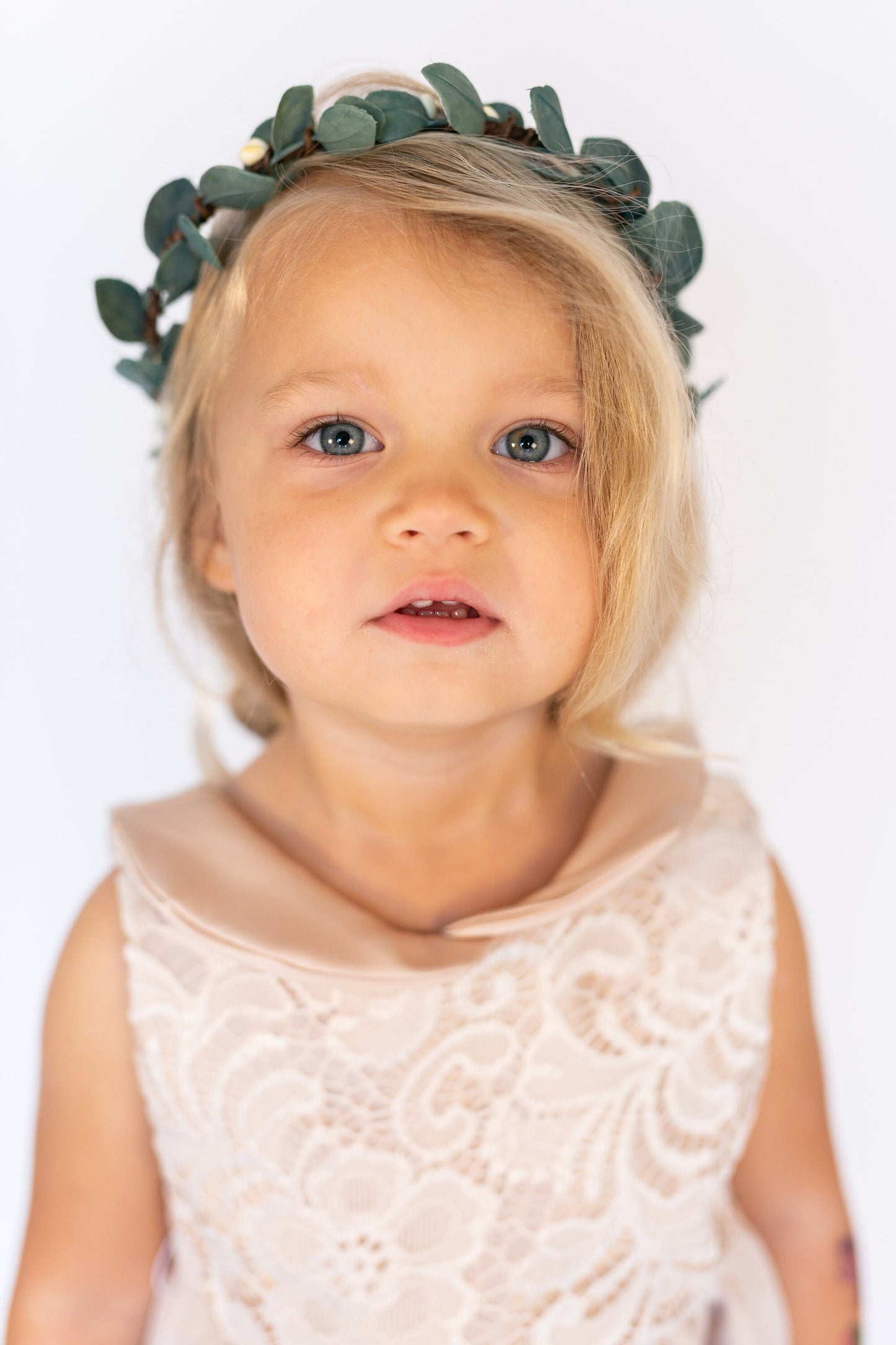 Bella Rose Gold Flower Girl Basket: Copper Wire, Ivory Rose & Greenery