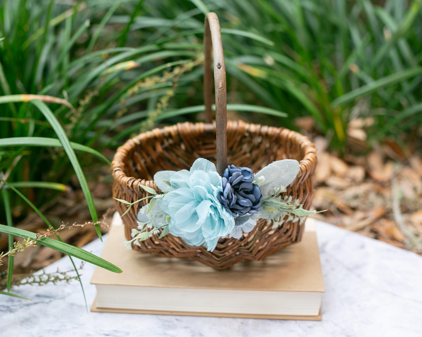 Wicker Flower Girl Basket: Handmade Willow Basket with Blue Floral Accents