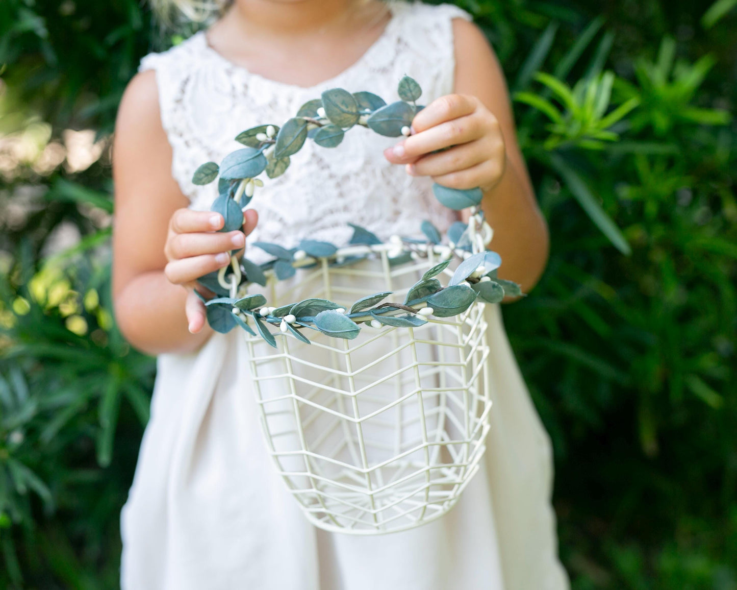 Eleanor Ivory Metal Flower Girl Basket & Ring Pillow Set: Eucalyptus Accent