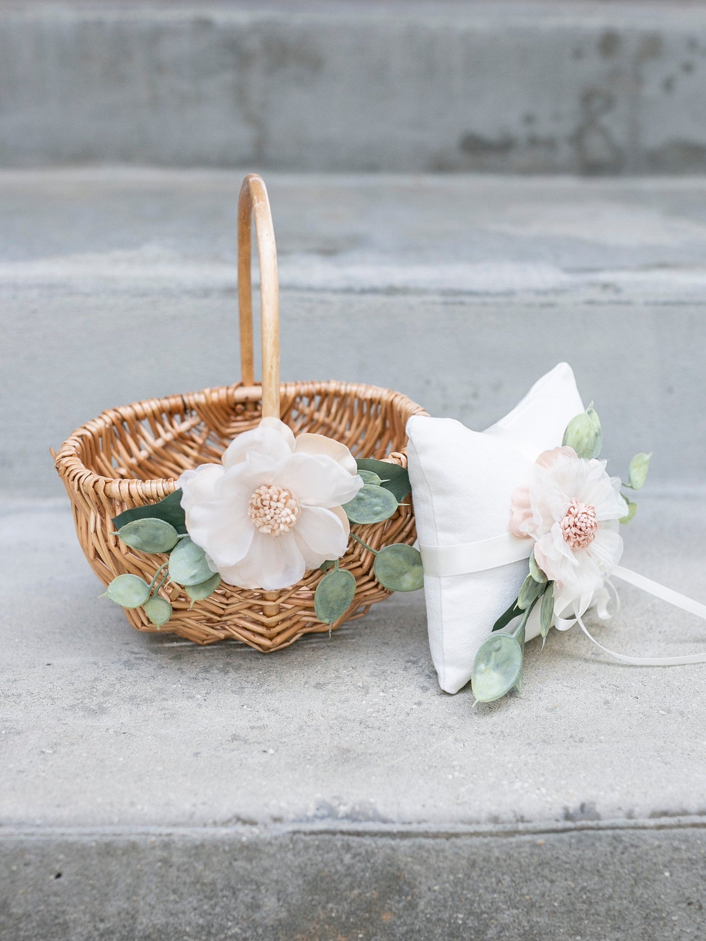 Melissa Rattan Flower Girl Basket | Willow Wedding Basket | Flower Girl Basket | Romantic Wedding Decor | Flower Girl Ring Bearer Set w/ Greenery
