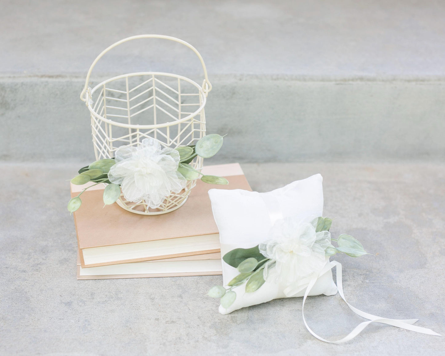 Lola Boho Flower Girl Basket | Ivory Wire, Organza Flower & Eucalyptus