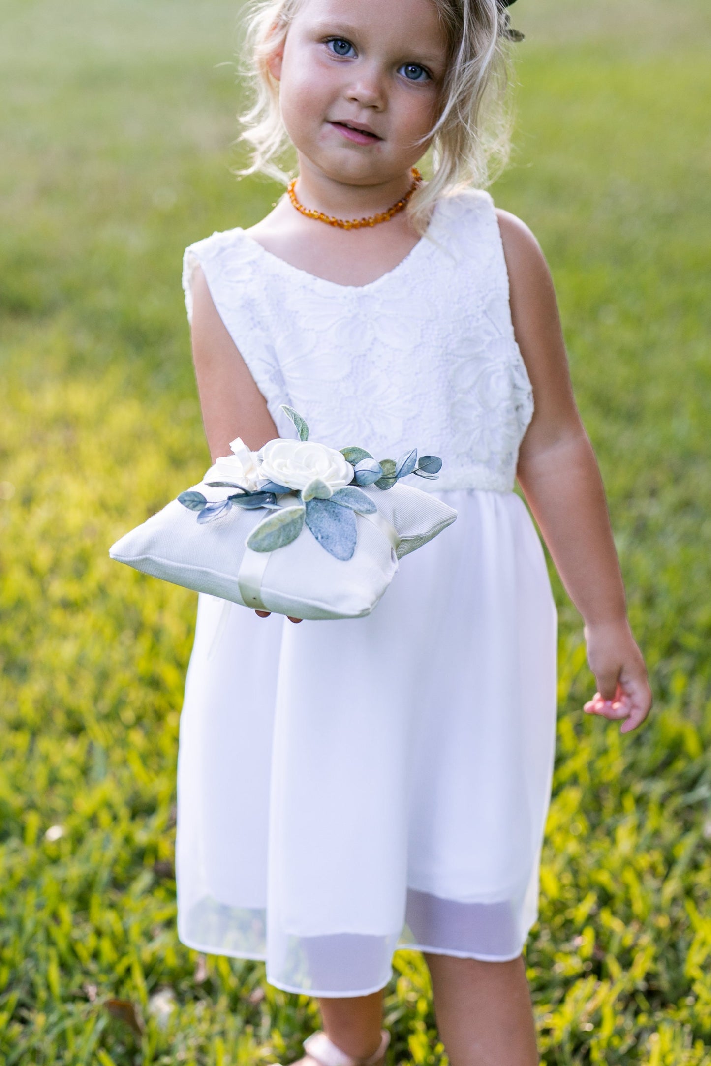 Sage Floral Ring Bearer Pillow: Ivory Linen-Look Wedding Ring Cushion
