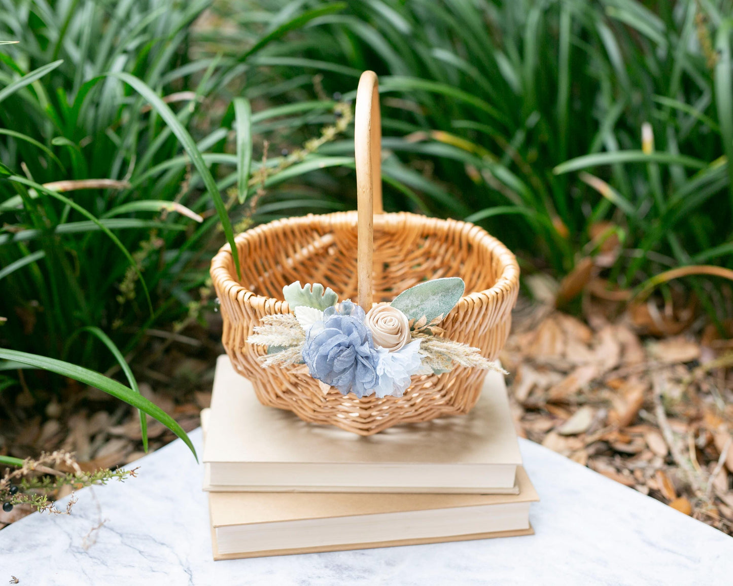 Coastal Flower Girl Basket & Ring Pillow Set: Boho Baby Blue Accents