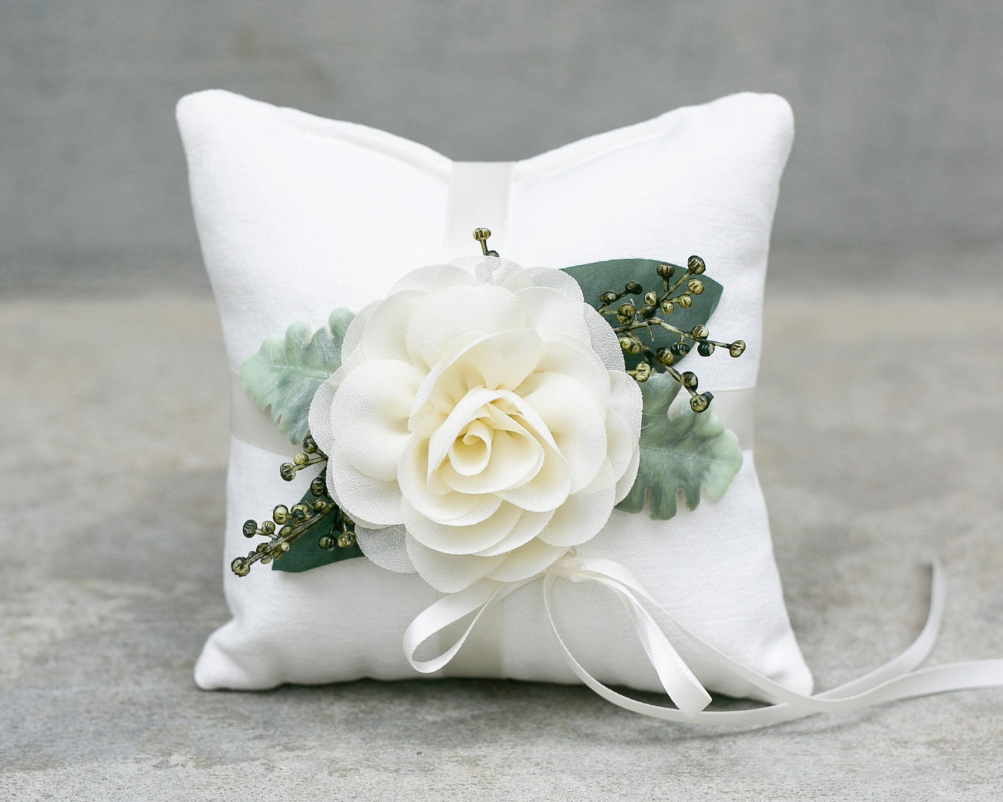 Rustic Wedding Ring Pillow: Ivory Linen with Chiffon Rose