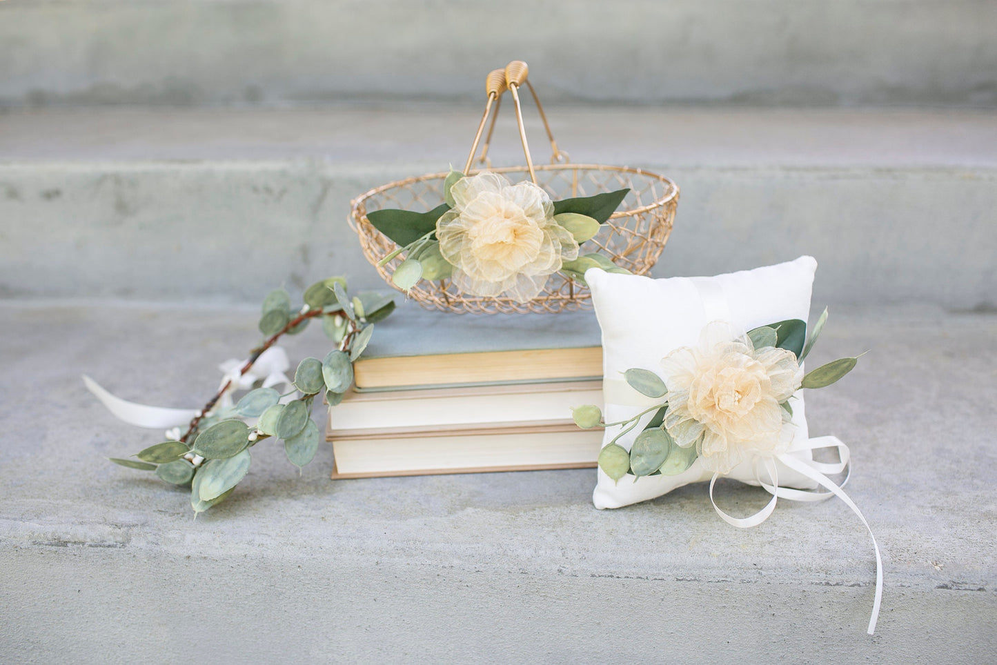 Amber Champagne Gold Wedding Flower Girl Basket and Ring Bearer Pillow Set: Eucalyptus & Organza Floral Accessories
