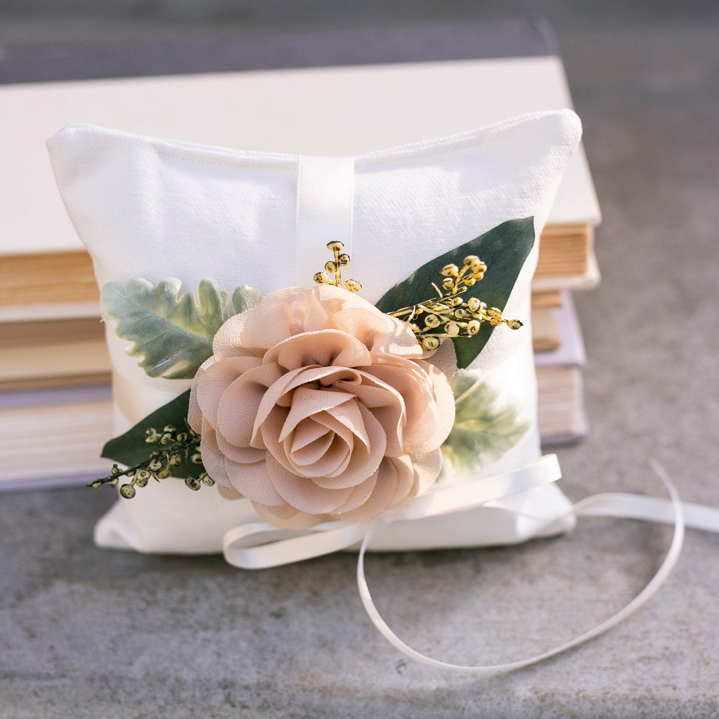Rustic Wedding Ring Pillow: Ivory Linen with Chiffon Rose