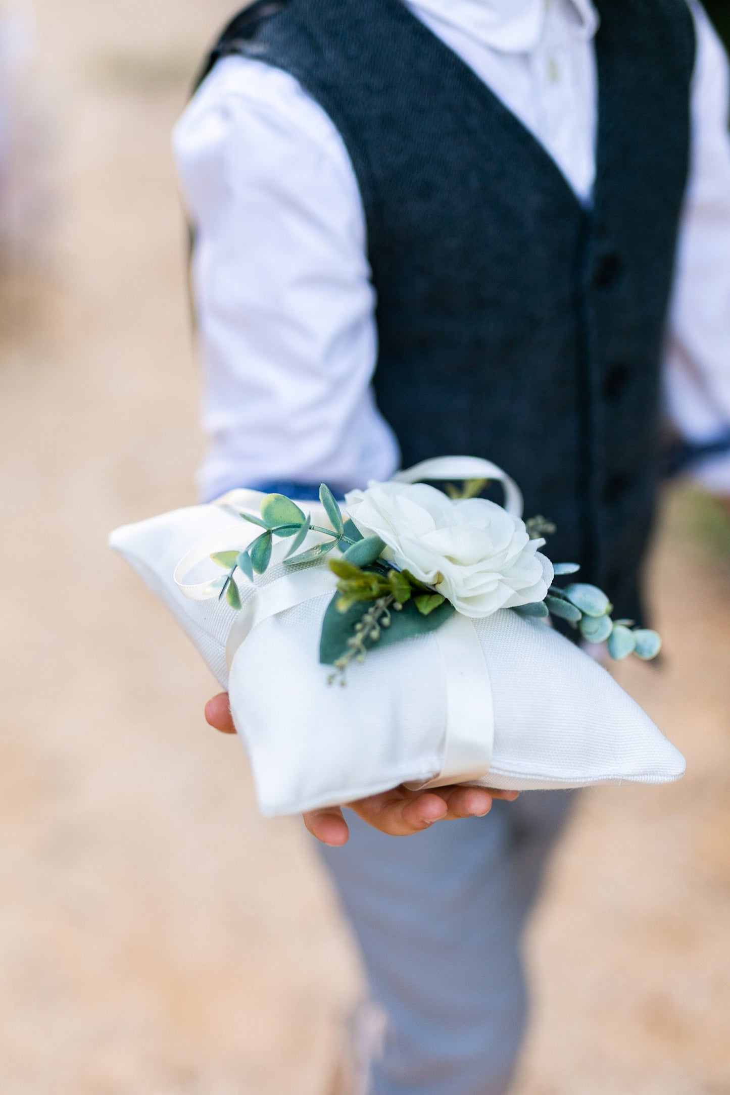 Ivory Ring Bearer Pillow: Linen-Look Fabric, Greenery Wedding Decor