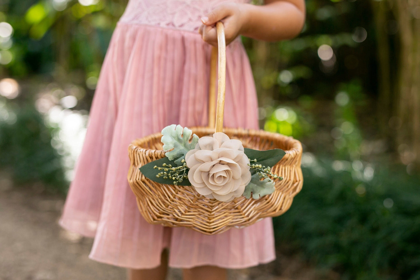 Bristol Rustic Willow Flower Girl Basket with Greenery & Chiffon Flower