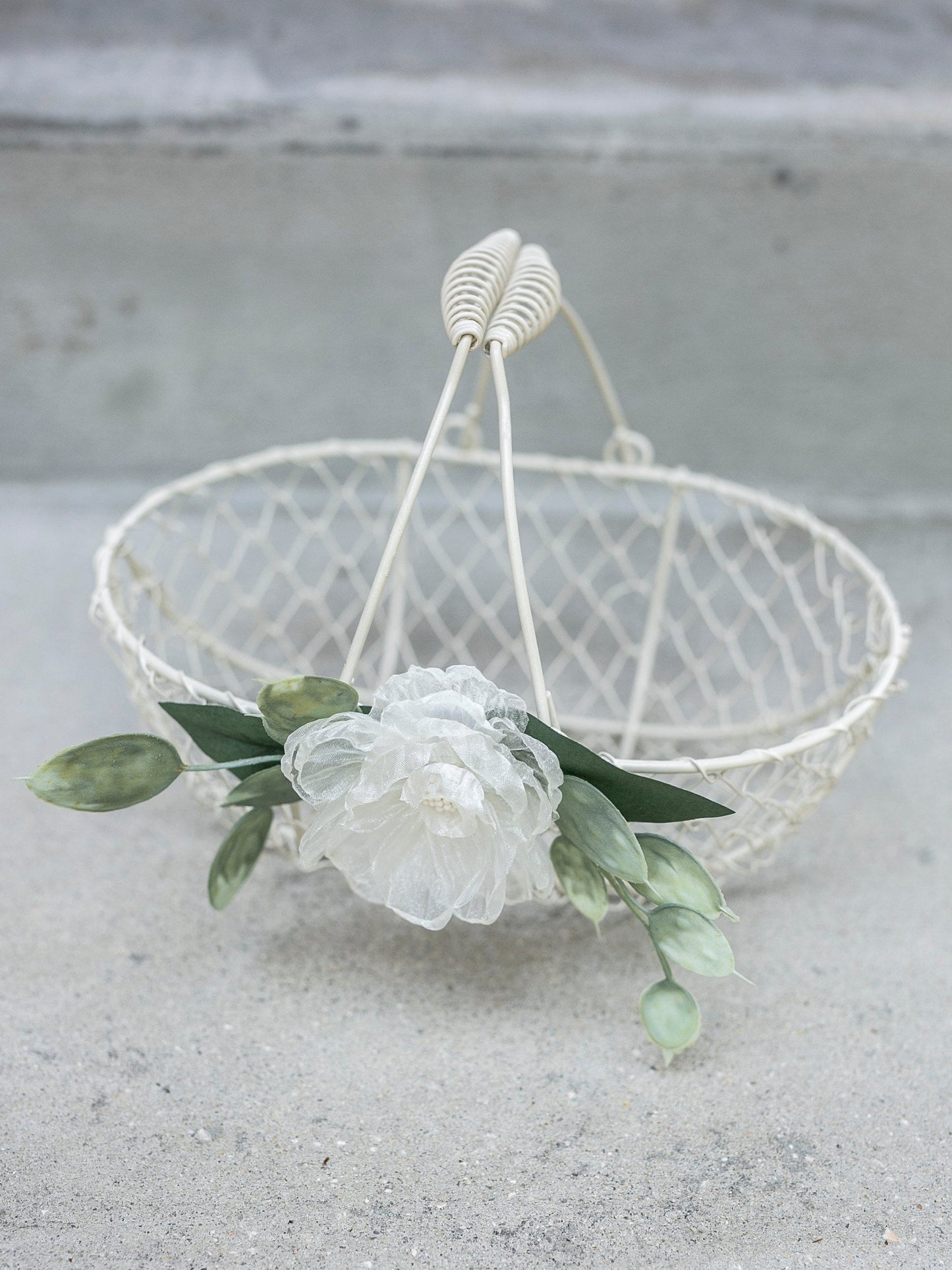 Lola Boho Flower Girl Basket | Ivory Wire, Organza Flower & Eucalyptus