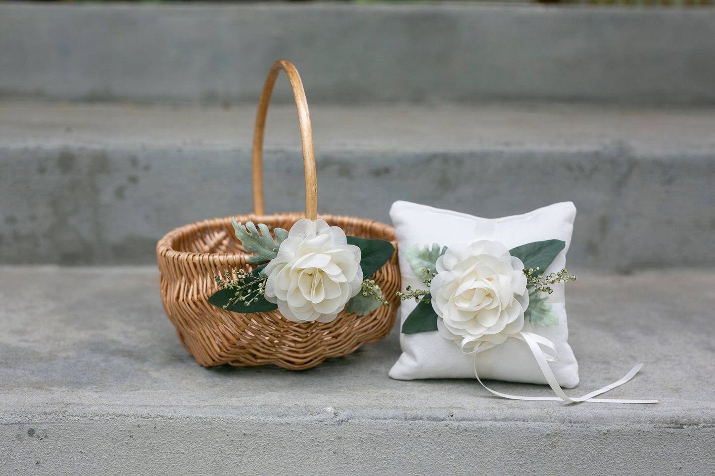 Bristol Rustic Willow Flower Girl Basket with Greenery & Chiffon Flower