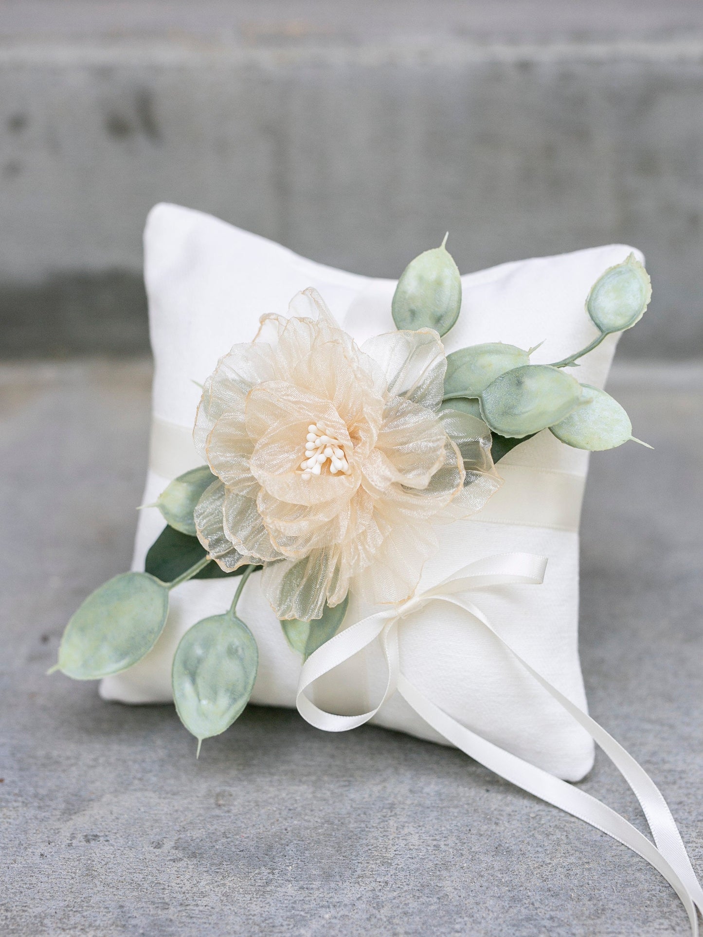 Amber Champagne Gold Wedding Flower Girl Basket and Ring Bearer Pillow Set: Eucalyptus & Organza Floral Accessories