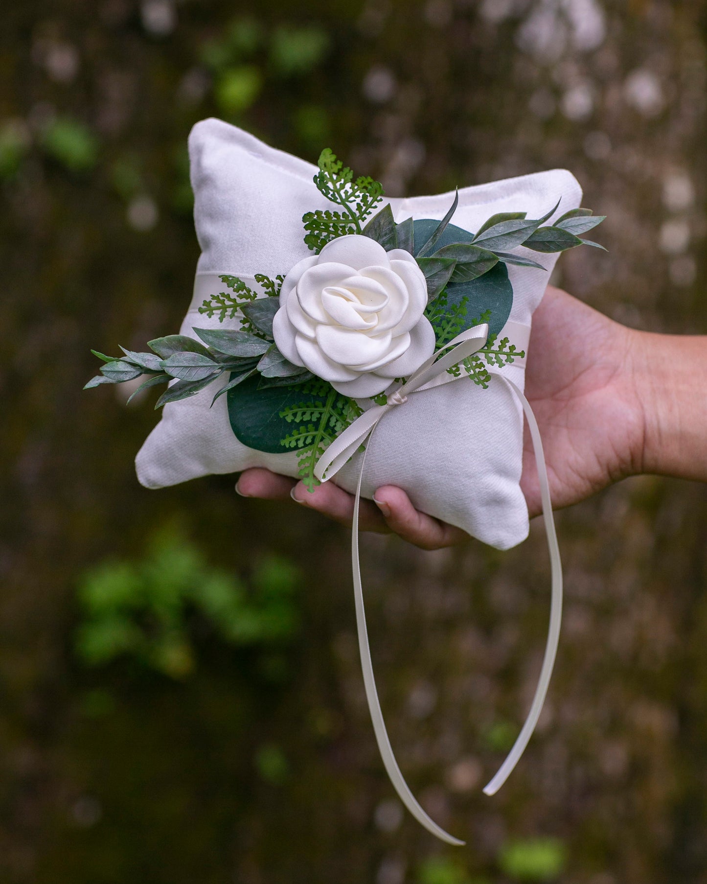 Greenery Wedding Ring Pillow: Linen-Look Fabric, Satin Ribbon