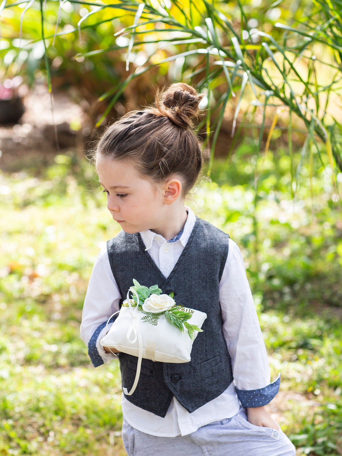 Ivory Flower Girl Basket: Fern & Rose Decorated Wedding Basket