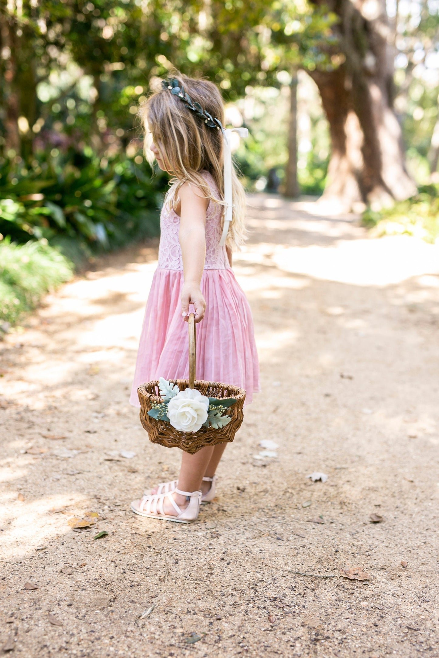 Rustic Willow Flower Girl Basket with Greenery & Chiffon Flower