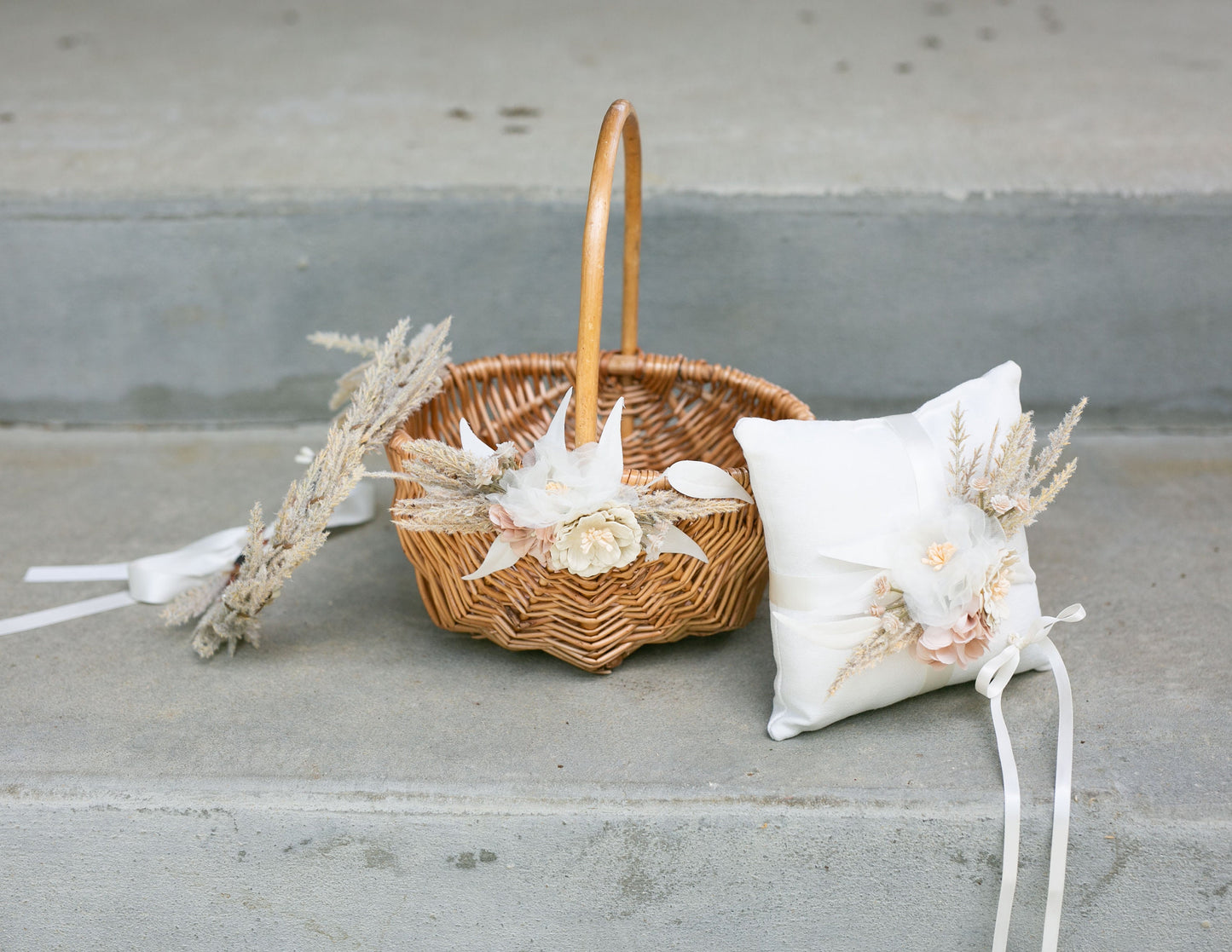 Fleur Light wood Flower Girl Basket & Ring Pillow Set