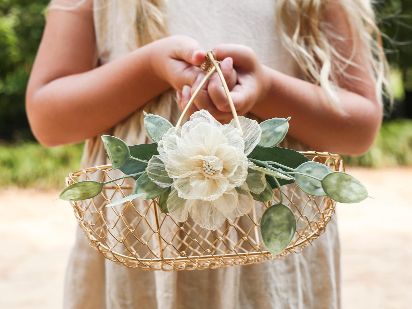 Champagne Gold Flower Girl Basket: Handmade Organza Rose Wedding Decor