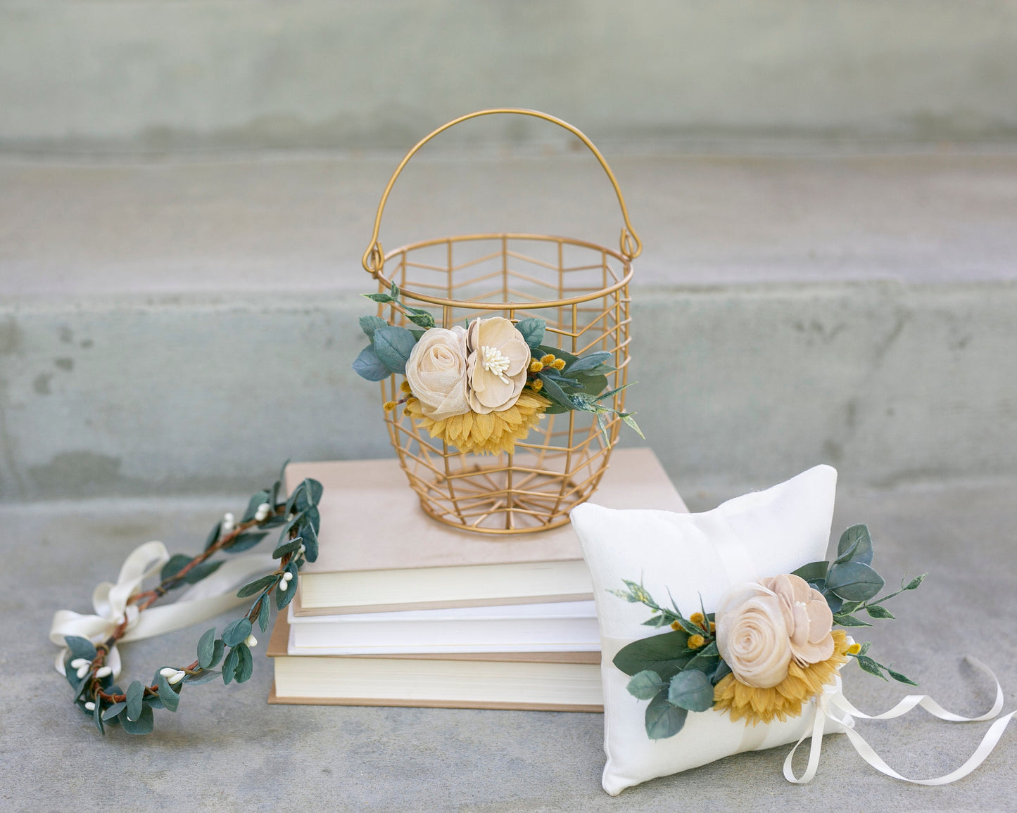 Gold Wedding Flower Girl Basket: Beige & Yellow Fabric Flowers