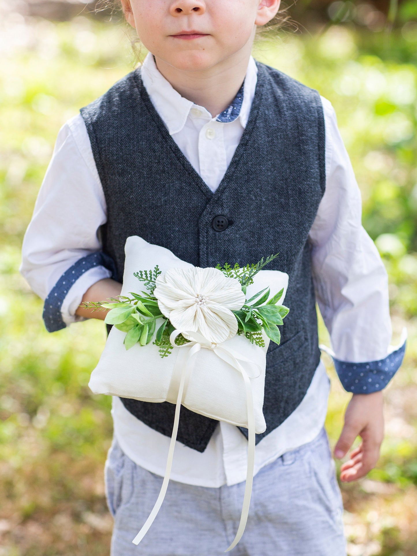 Handmade Ivory Floral Ring Bearer Pillow: Linen-Look Wedding Cushion