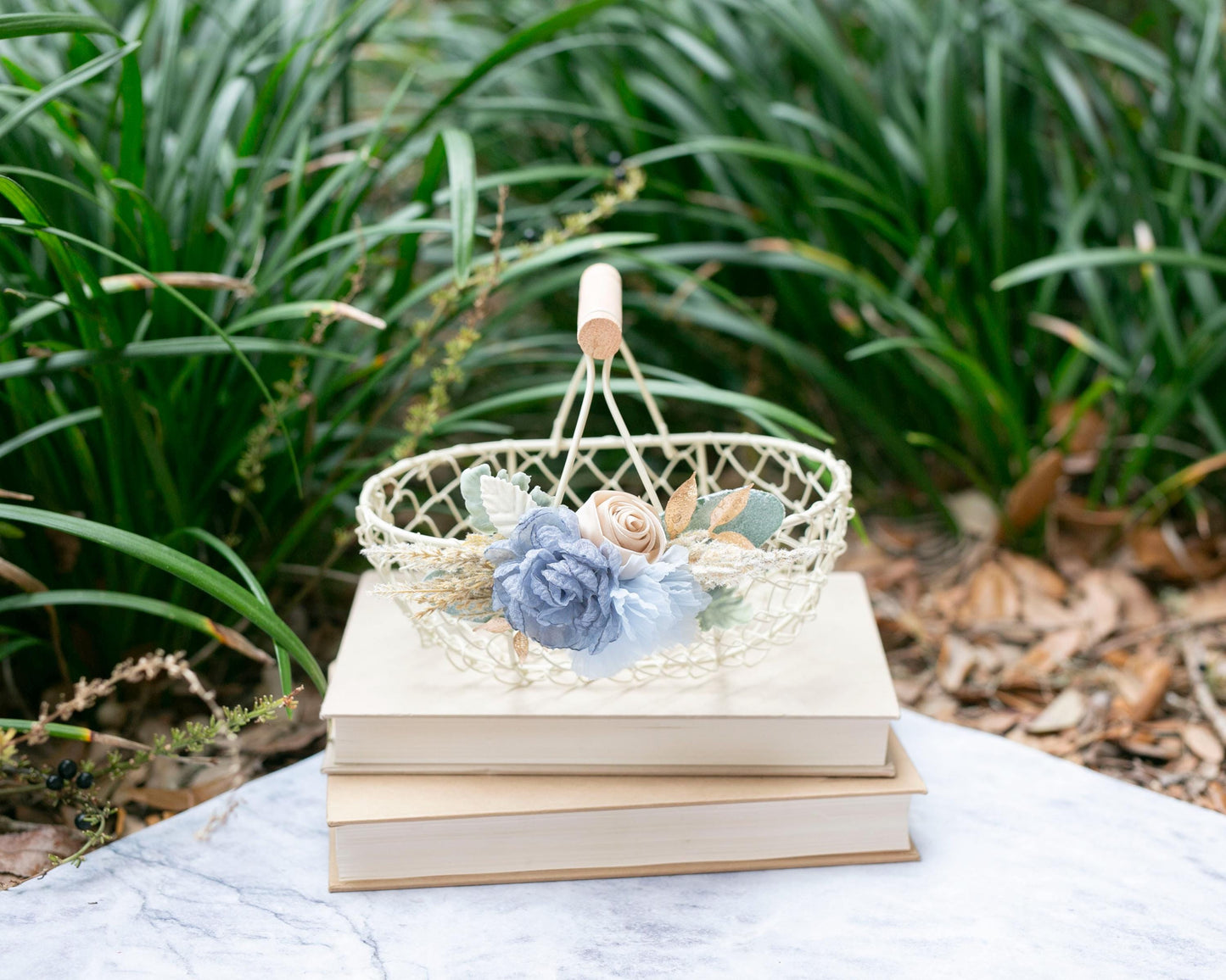 Coastal Flower Girl Basket & Ring Pillow Set: Boho Baby Blue Accents