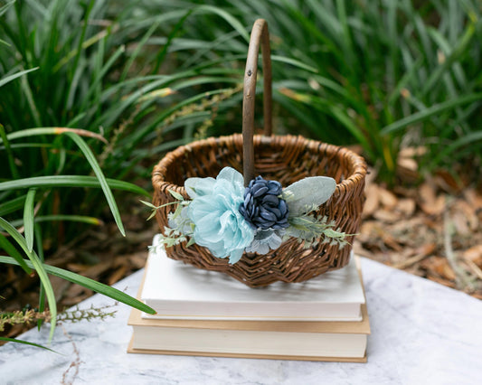 Wicker Flower Girl Basket: Handmade Willow Basket with Blue Floral Accents