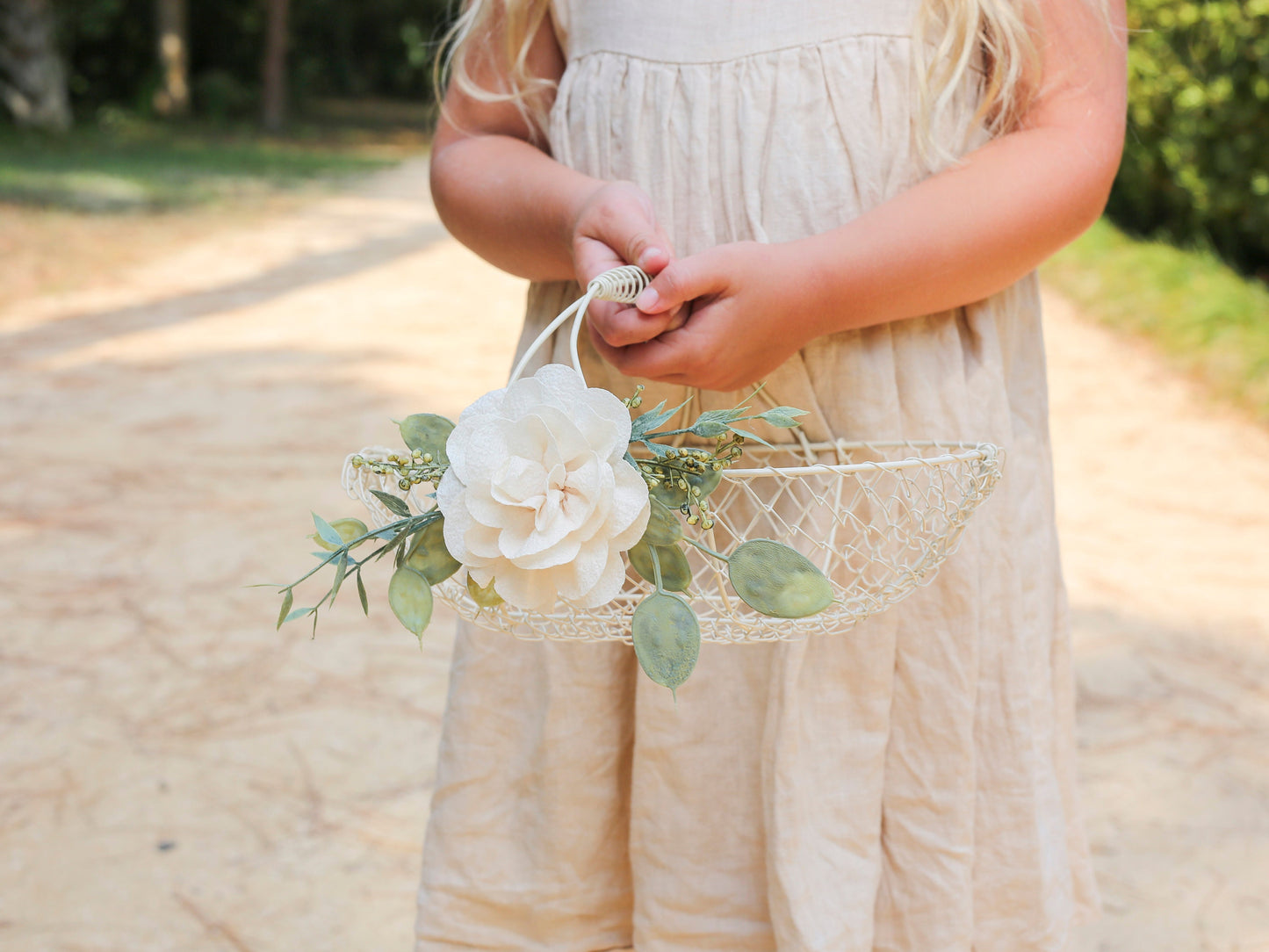 Maia Boho Flower Girl Basket: Rustic Wire Wedding Decor