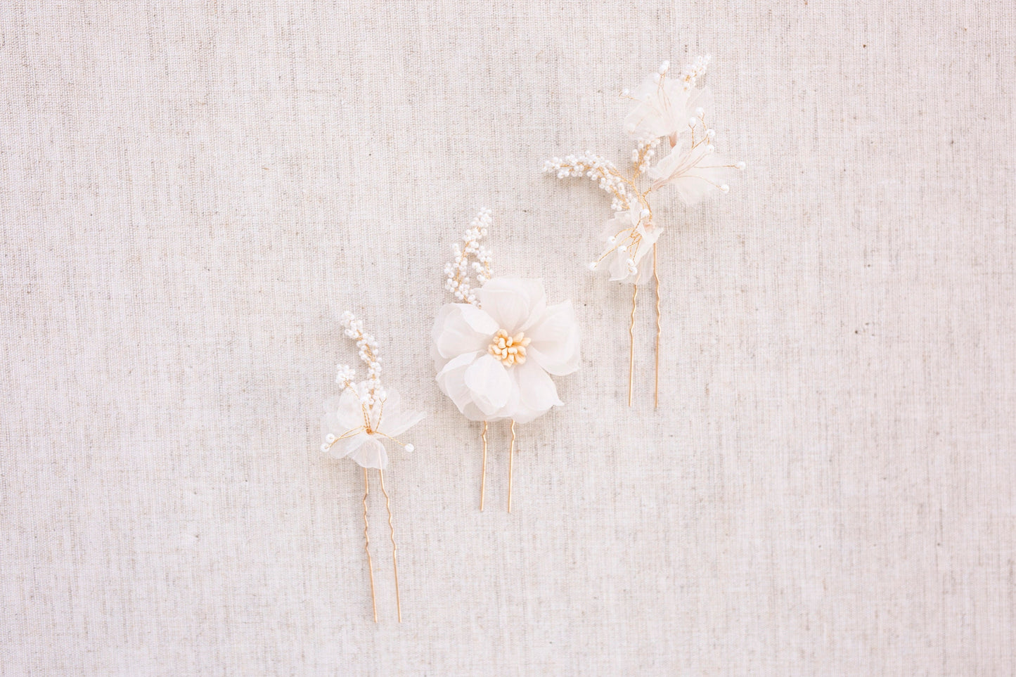 Seed Pearl Floral Hair Pins: Blush Organza Flower, Bridal Hair Jewelry