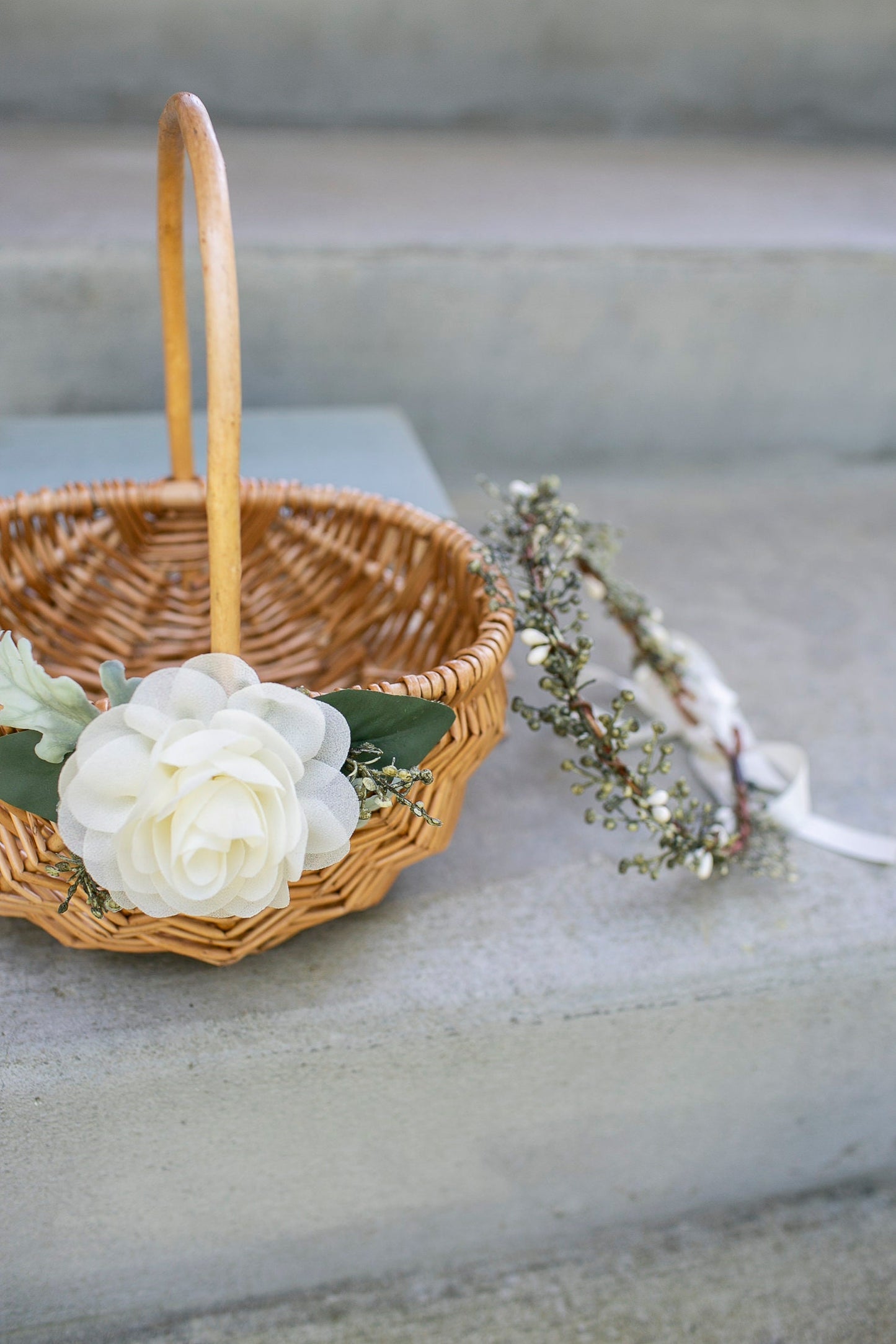 Bristol Rustic Willow Flower Girl Basket with Greenery & Chiffon Flower