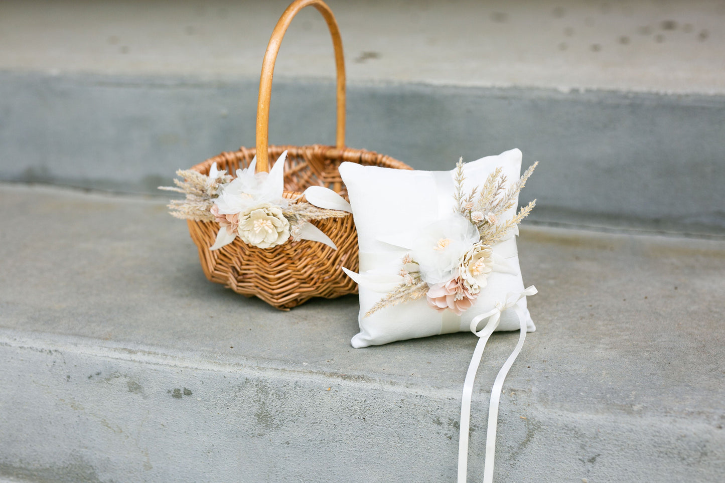 Fleur Light wood Flower Girl Basket & Ring Pillow Set