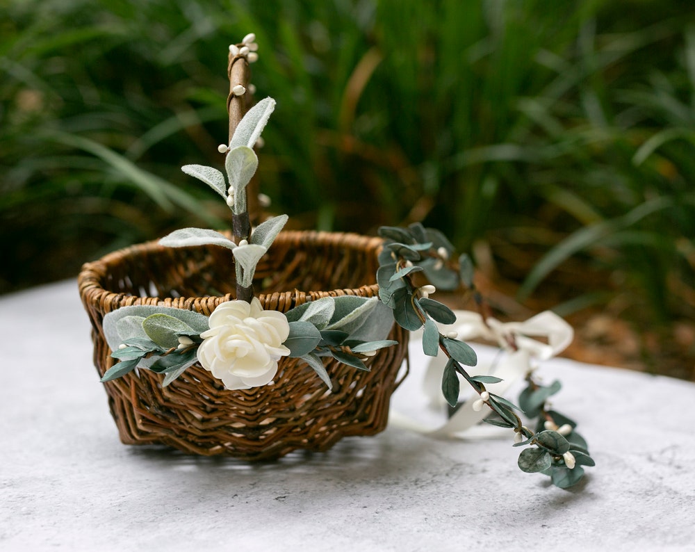 Grace Flower Girl Basket and Crown Set Decor