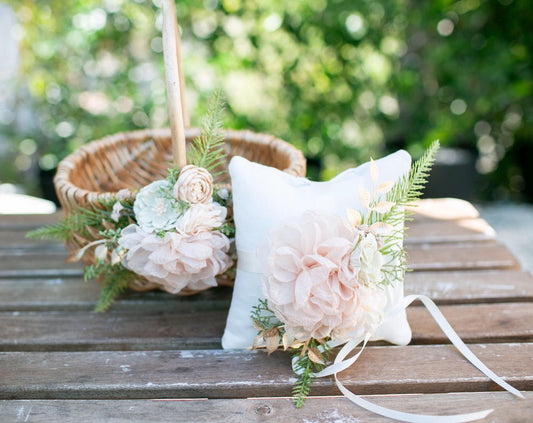 Champagne Gold Wedding Flower Girl Basket and Ring Bearer Pillow Set